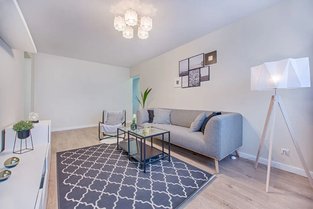 licht ingericht huis met bank en vloerkleed